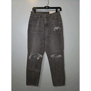 American Eagle Mom Jeans Womens 6 28w Faded Black Straight Distressed Stretch